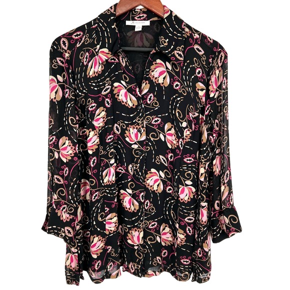 JM Collection Tops - JM Collection Sz14 Black Pink Floral Blouse Shirt Top Business Formal Summer